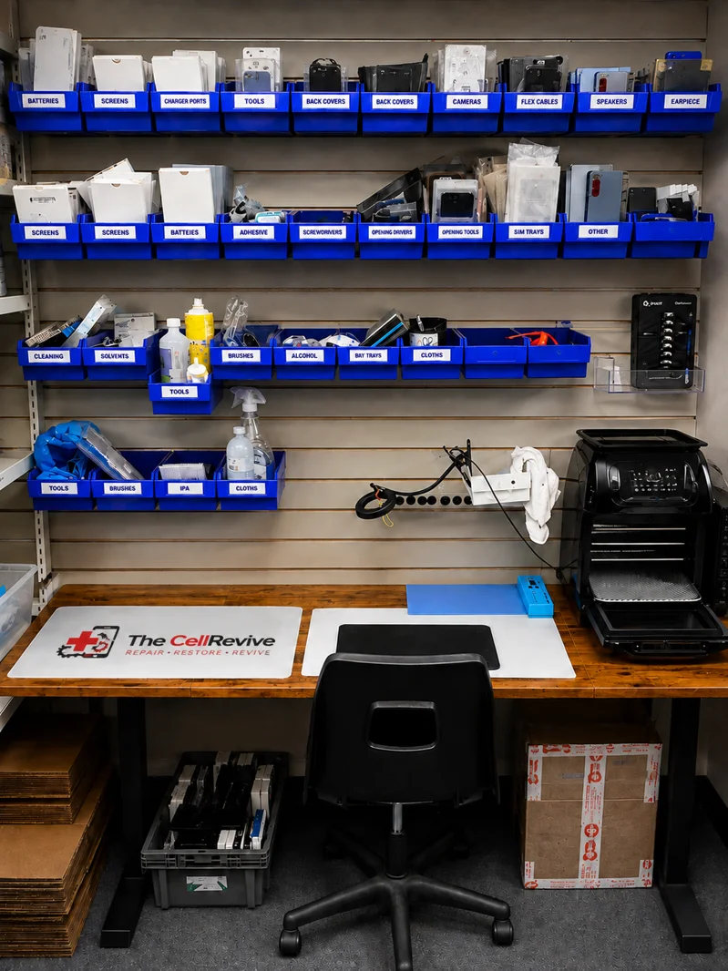 The CellRevive professional repair lab workbench in Mississauga showing organized screen and battery replacement tools