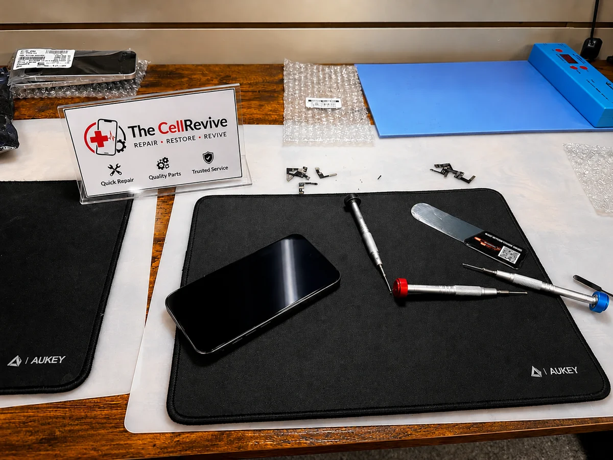 The CellRevive repair workbench showing a smartphone being serviced with precision tools